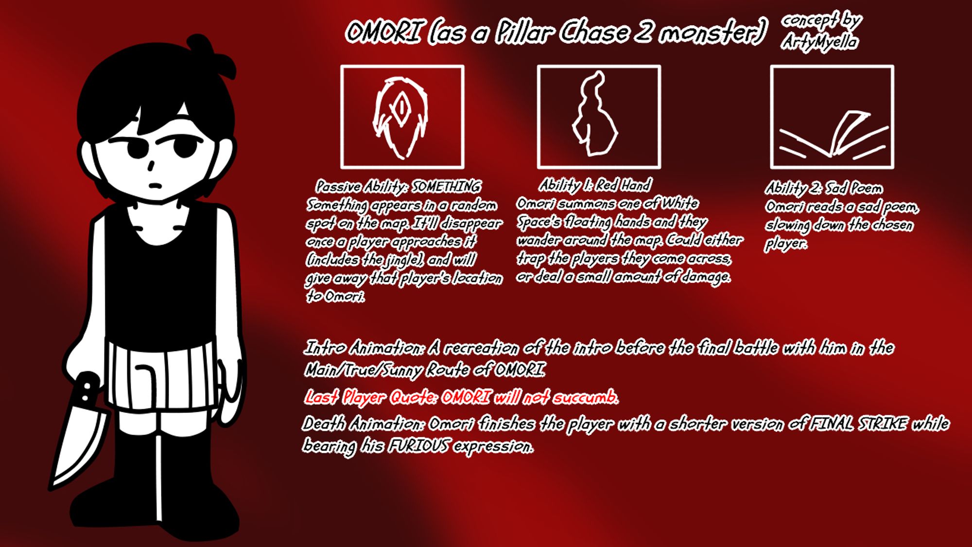 Concept of Omori from OMORI for the Roblox game Pillar Chase 2. (I'm personally stuck in between the mashup of the three phobia bosses' sped-up themes, a remix of one OMORI battle theme, or even a medley of OMORI riffs, for his chase theme)