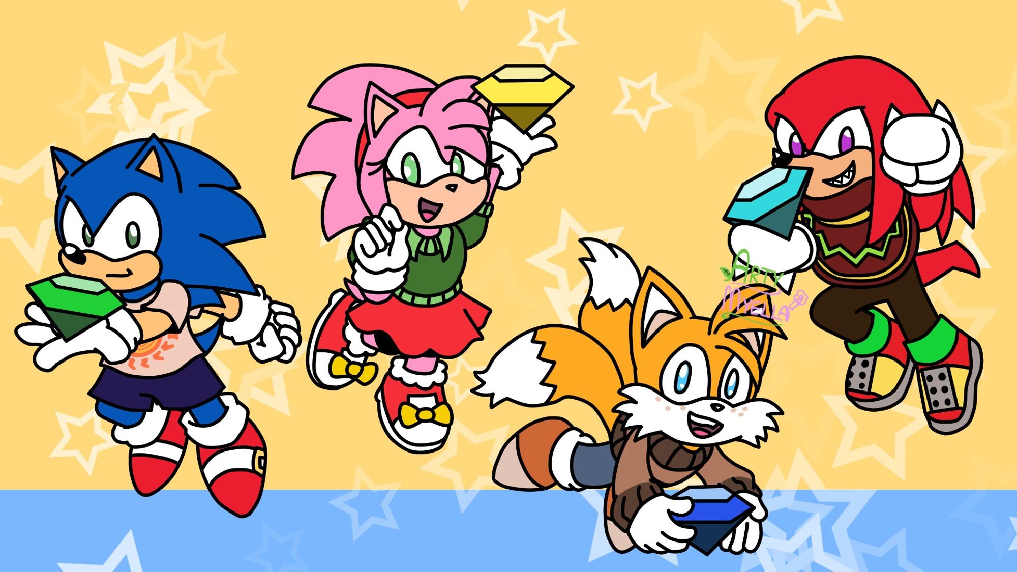 Redraws of the Sonic Superstars artworks that show Sonic, Amy, Tails, and Knuckles holding Chaos Emeralds (green, yellow, blue, and cyan/turquoise respectively). Their Classic selves' outfits are similar to their Modern counterparts, with some differences.