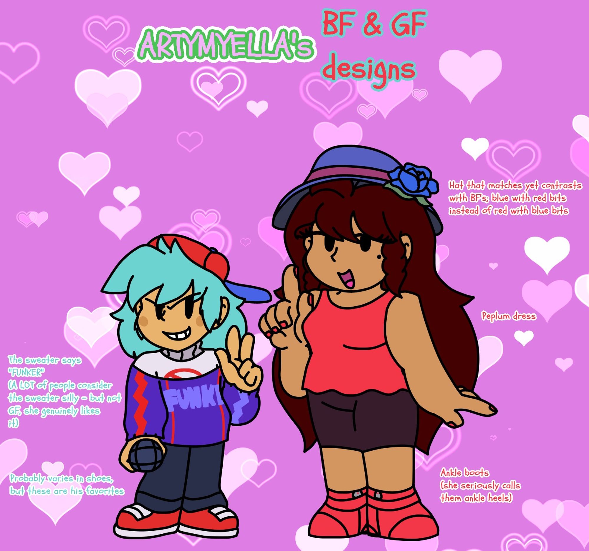 My headcanons for Boyfriend and Girlfriend from Friday Night Funkin' - for the main differences, both have a more down-to-earth color palette, Boyfriend has blushes, a sweater, and differing pants, and Girlfriend has a mole mark and flower hat.