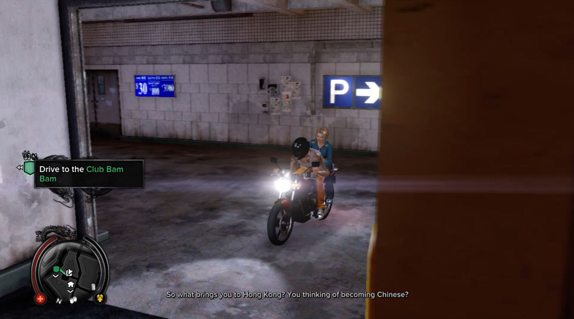 A screenshot from Sleeping Dogs (2012). Main character Wei Shen is on a motorbike with a white woman called Amanda (voiced by Emma Stone) behind him. He asks "So what brings you to Hong Kong? You thinking of becoming Chinese?"