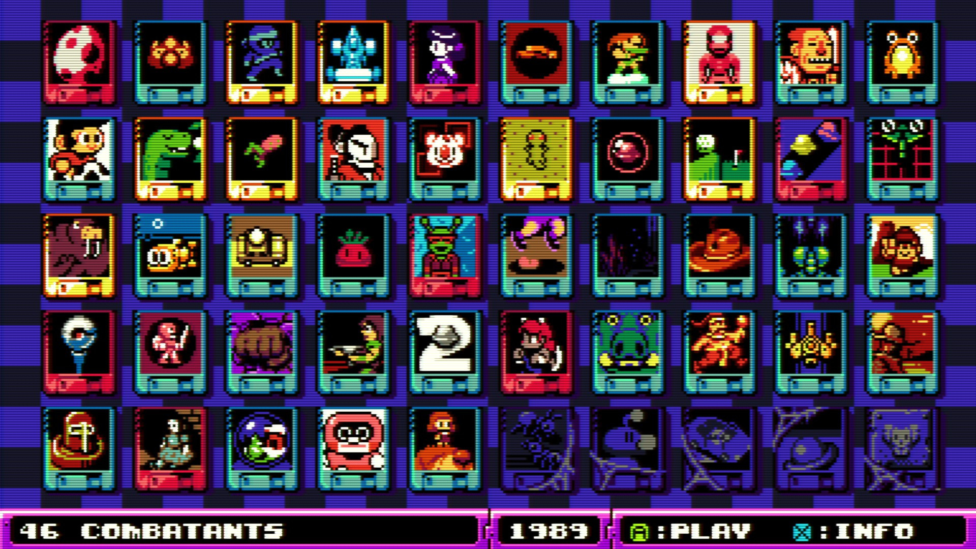 The main menu of UFO 50, showing five rows of ten game disks. These are coloured blue, gold or cherry red depending on progress. There are seven cherry disks and a further eight gold disks.