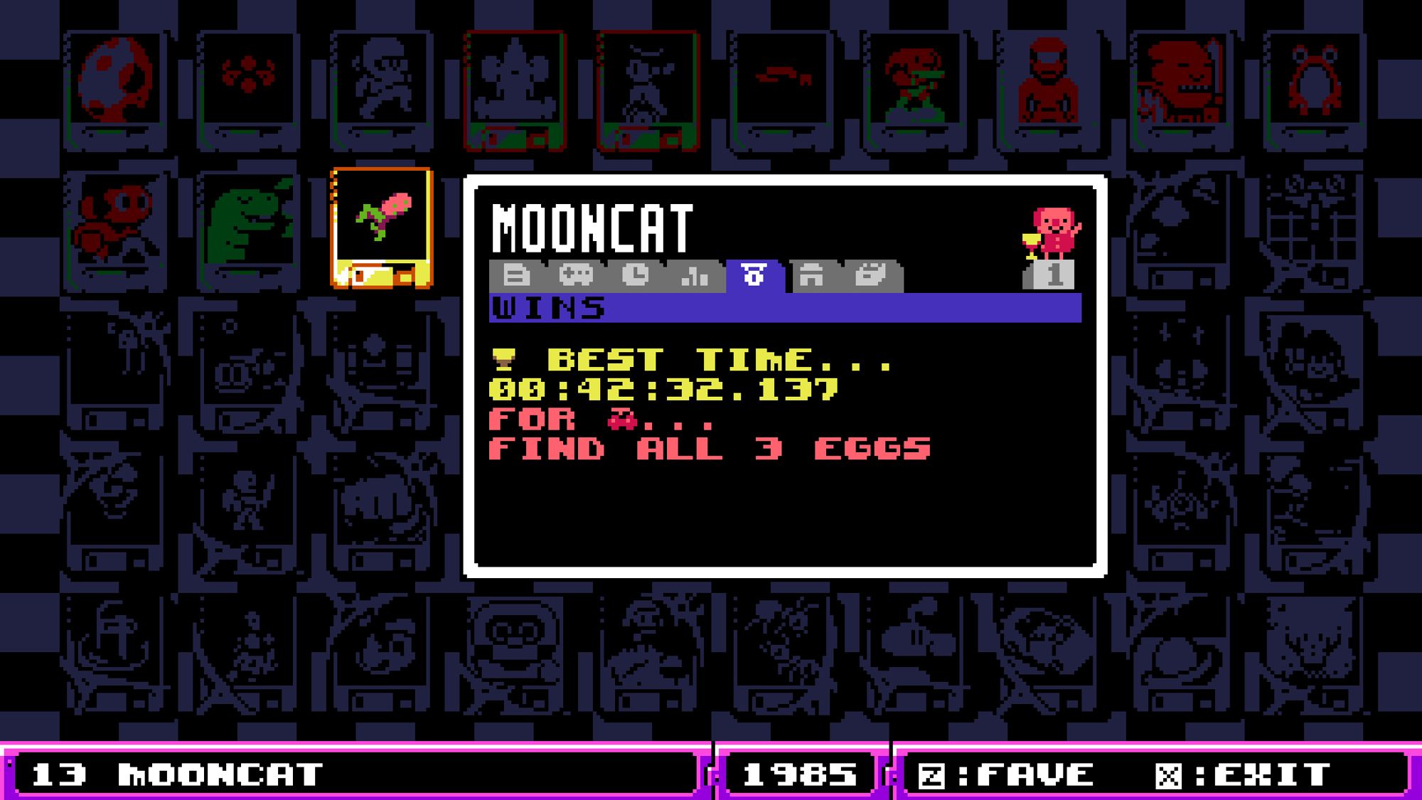 Screenshot from UFO 50 showing Mooncat as completed with a bet time of 00:42:32.137