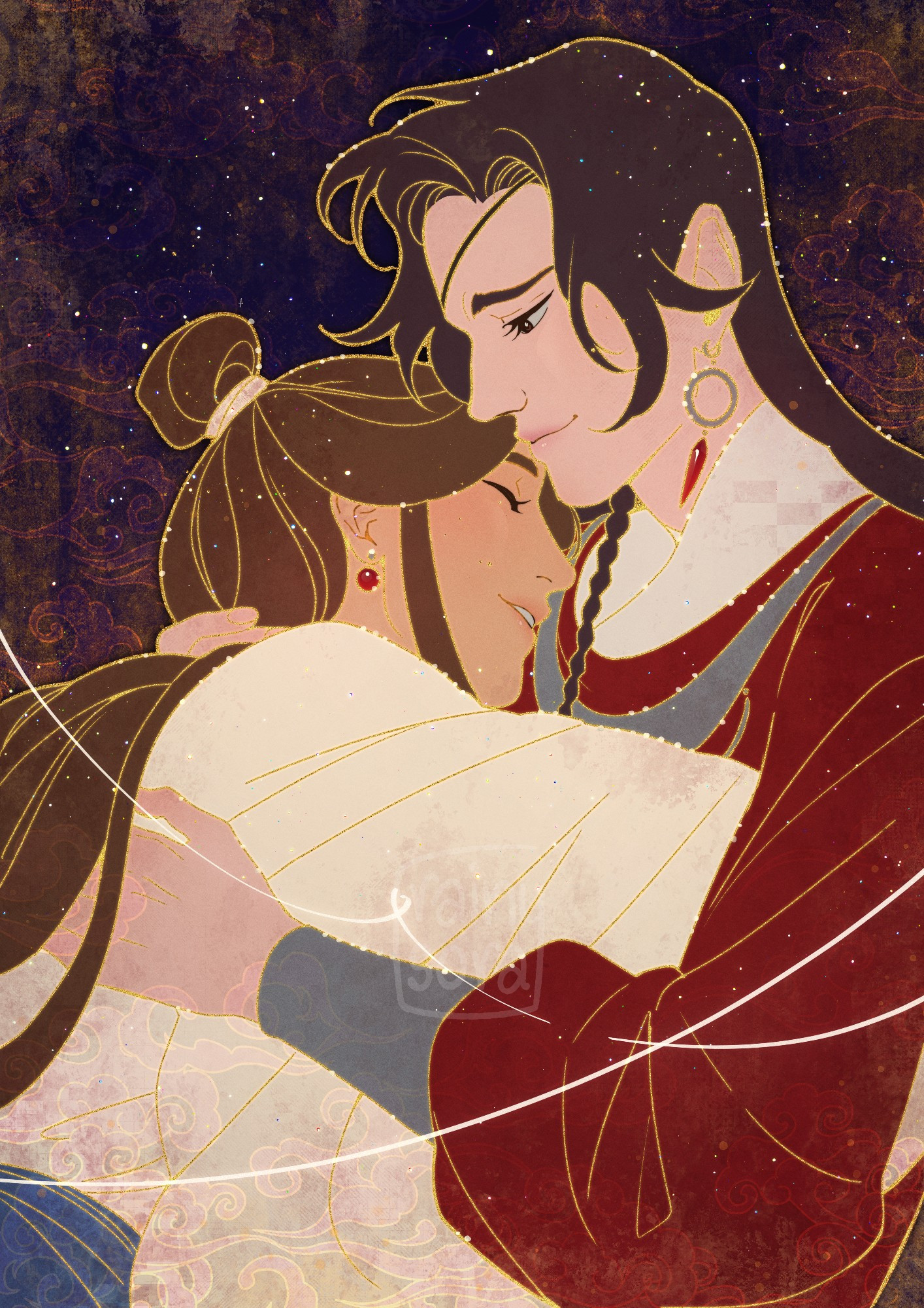 A close-up illustration of Xie Lian and Hua Cheng from TGCF hugging, both of them smiling. It has a starry feeling, and lineart coloured in golden.