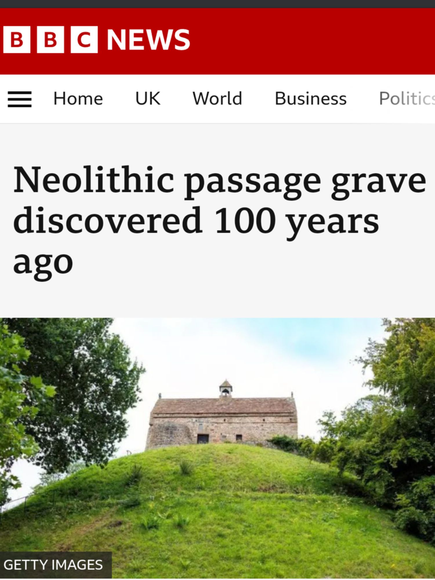 BBC news headline reads "neolithic passage grave discovered 100 years ago" photo is of Houge Bie in Jersey