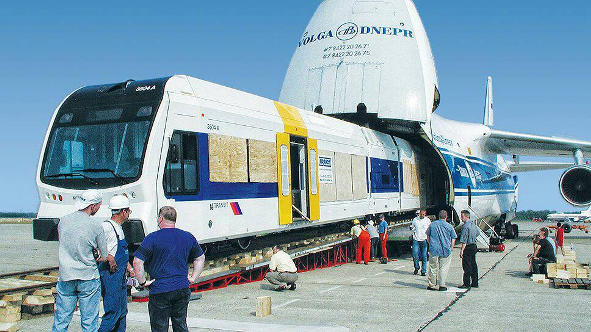 River Line Stadler GTW coming out of the hatch of an Antanov-124