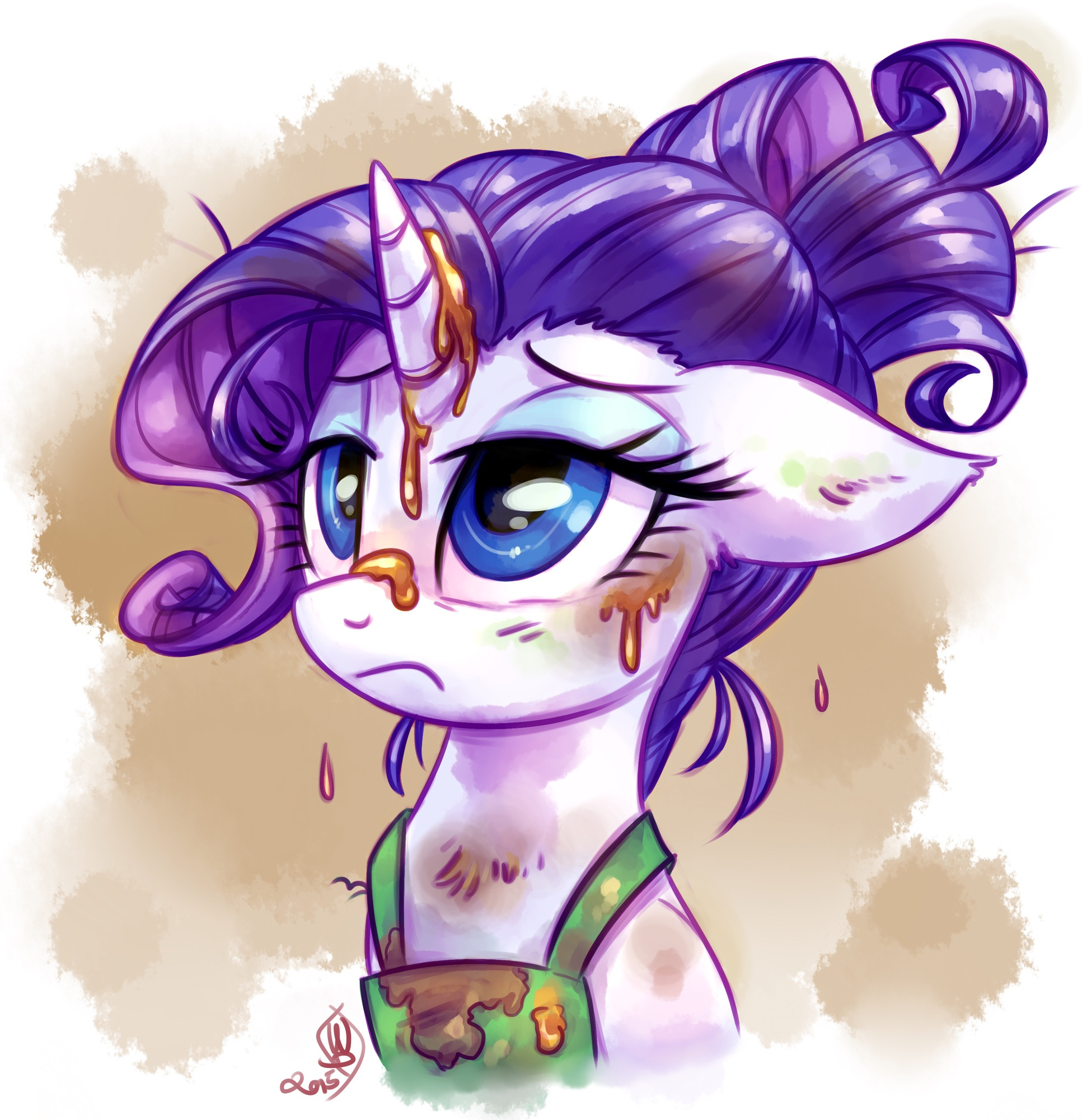 Bust artwork of Rarity the unicorn from My Little Pony, looking a little sad and defeated, her mane tied up in a messy bun and wearing a green apron that resembles a Starbucks apron. She has caramel sauce dripping from her horn onto her nose, and various other splotches of what looks like coffee, caramel, and so on all over her coat, hair, and the apron