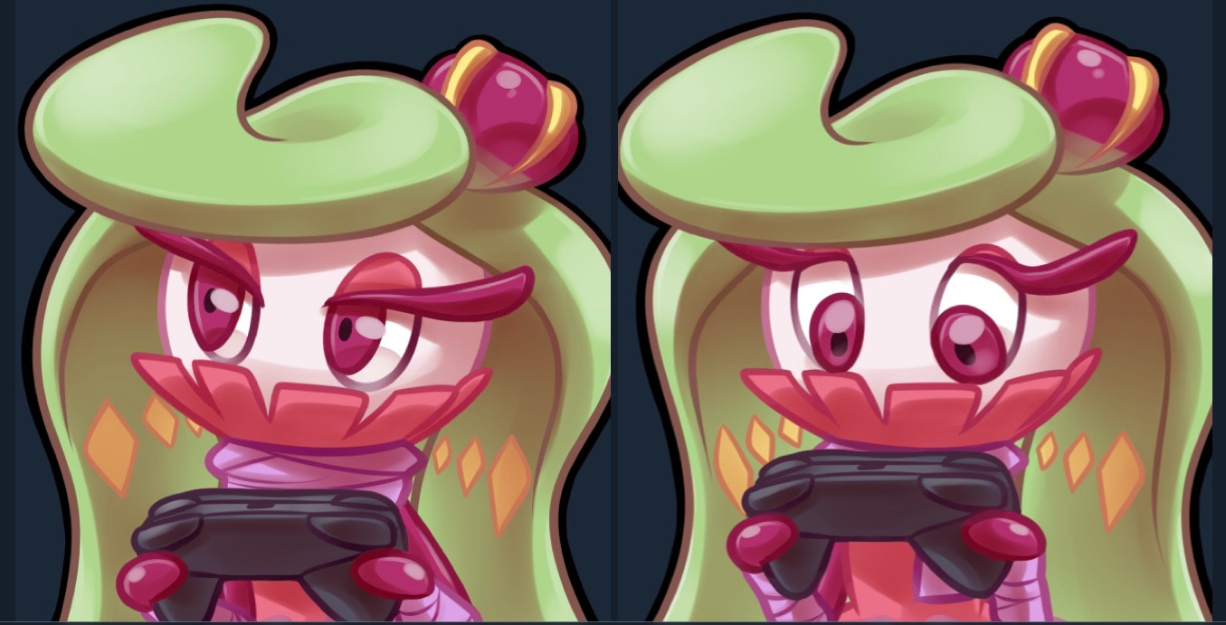 Digital artwork of two distinct frames featuring art of a Tsareena Pokémon, with purple wraps around her arms and a scarf around her neck, holding a video game controller. In the first frame she is looking up confidently holding her controller, and in the second frame she is looking down on it in sudden realization that she can’t really use it