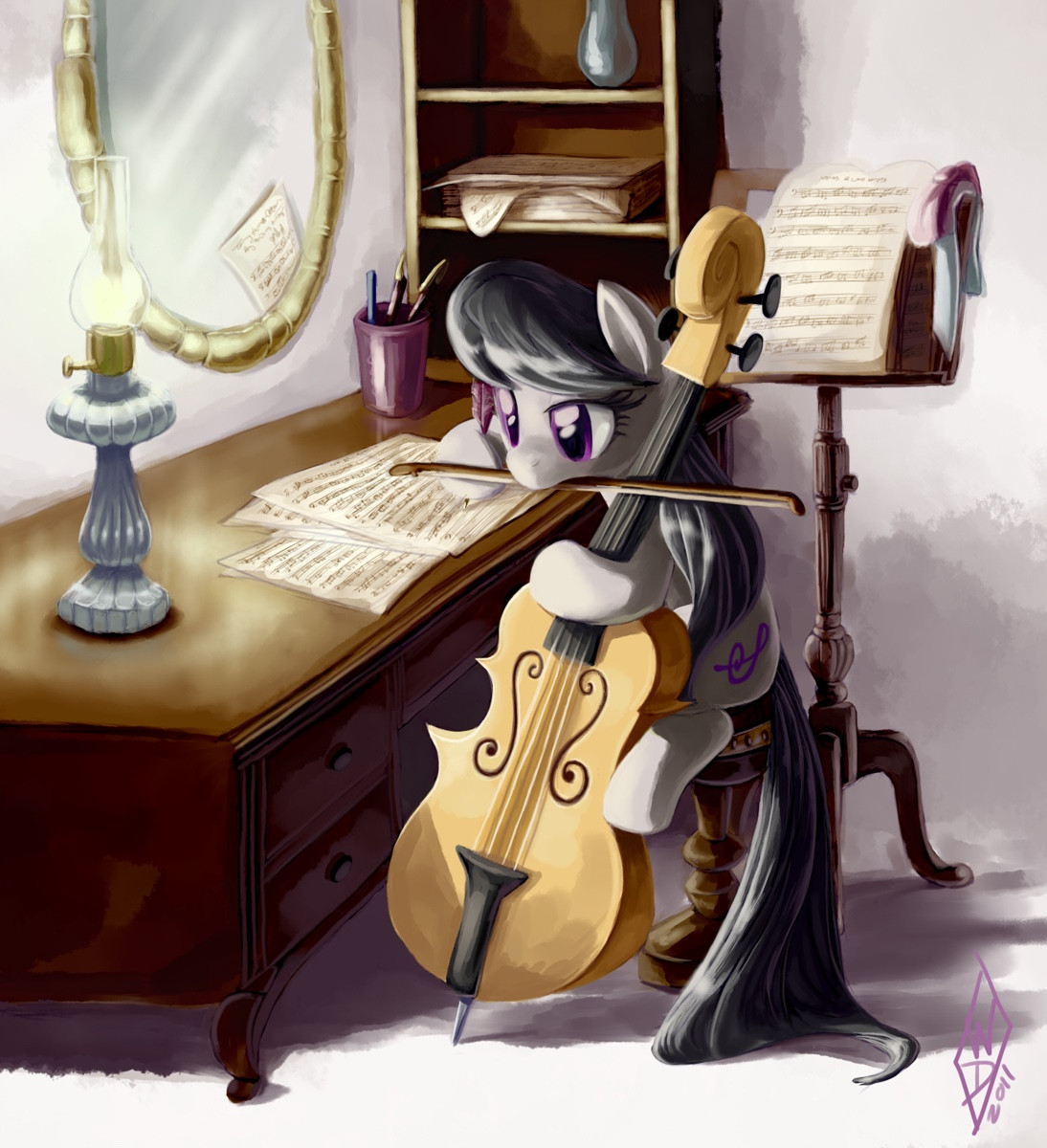 A scene of a grey earth pony character Octavia from My Little Pony, seated on a stool in front of a wooden dresser, holding the neck of her cello with her left arm, the cello’s bow held in her mouth, and composing music on sheets of paper with her right front hoof. The entire scene is lit with the warm glow of a single oil lamp that is in front of her on the dresser