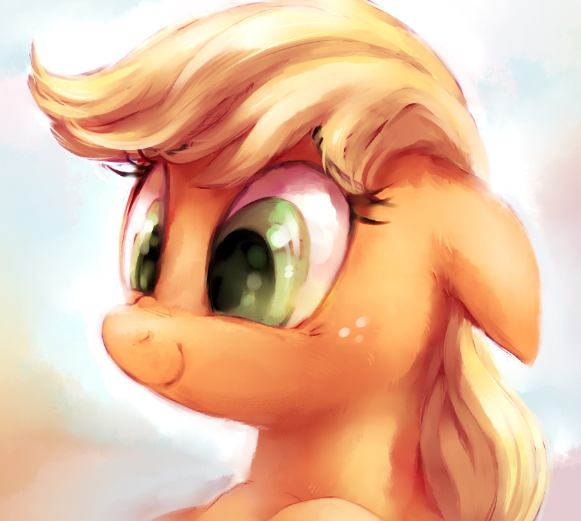 A closely cropped bust/headshot of Applejack from My Little Pony, facing, and looking off to the left side of the image over a bright, light filled background. Her eyes are wide, her ears are pinned back quite a bit, her muzzle is scrunched up and she is smiling, looking a bit hesitant or nervous but very happy/excited