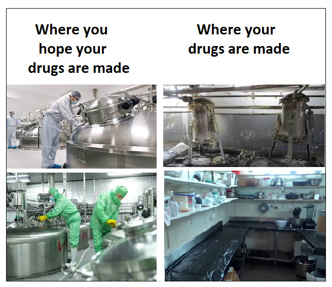 The left side has workers wearing PPE who are working in a clean environment with spotless stainless steel equipment.  Caption:  Where you hope your drugs are made.  On the right are filthy rusted containers oozing the contents and the work surfaces /floors /shelves are unkempt, filthy and likely teeming with bacteria... Caption:  Where  your drugs are made.