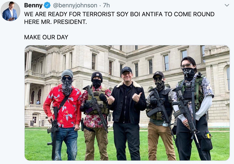 Benny Johnson is flanked by 4 Boogaloo members.  He was briefly suspended in 2020 for making threats on Twatter during the BLM protests.  

Benny@bennyjohnson
WE ARE READY FOR TERRORIST SOY BOI ANTIFA TO COME ROUND HERE MR. PRESIDENT.
MAKE OUR DAY

EG  Boogaloo Boys:  A  member of the Boogaloo Boys admitted to shooting at a police station while posing as a member of BLM in order to create chaos and falsely frame protesters as violent.   https://t.co/IS2fpEciCN?amp=1