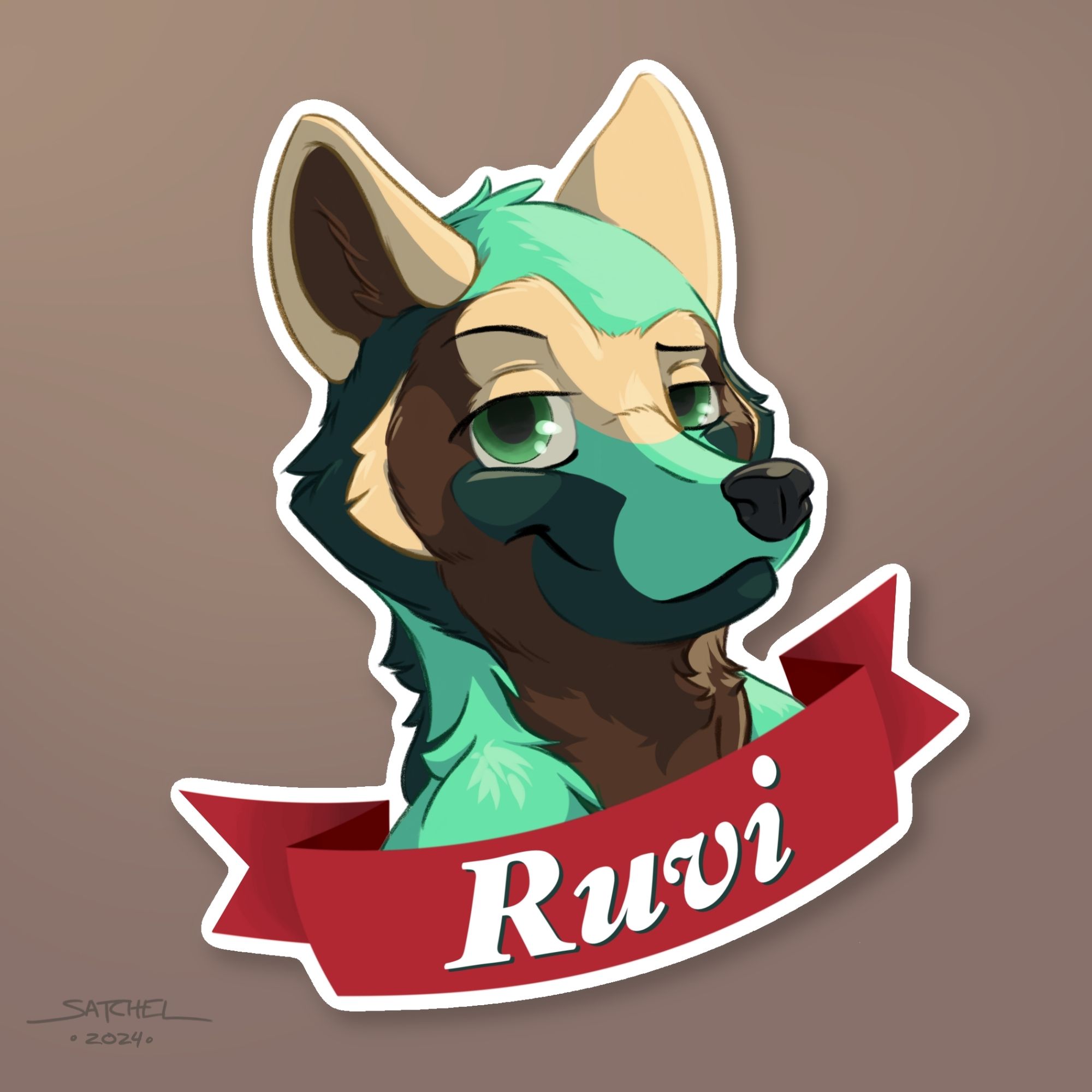 A badge of Ruvi the Mint Fox. He has a sly, alluring look on his face as he looks at the viewer. Across the front of the bust is a red banner with his name on it.