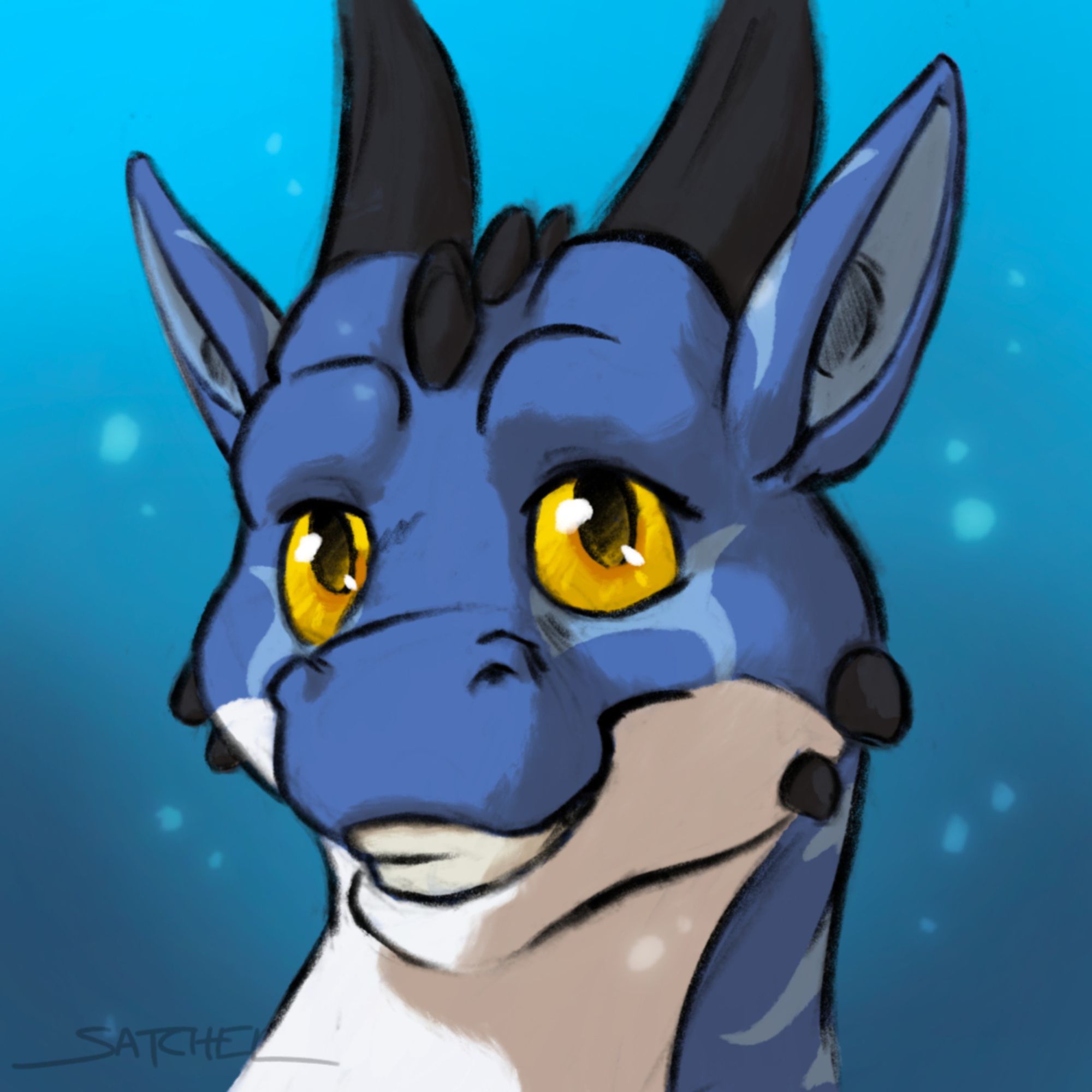 A headshot of Cobanyte, the Test-Tube Drake. He has blue scales, with a white underbelly, black horns, and yellow eyes. He's giving a gentle, genuine smile to the viewer.