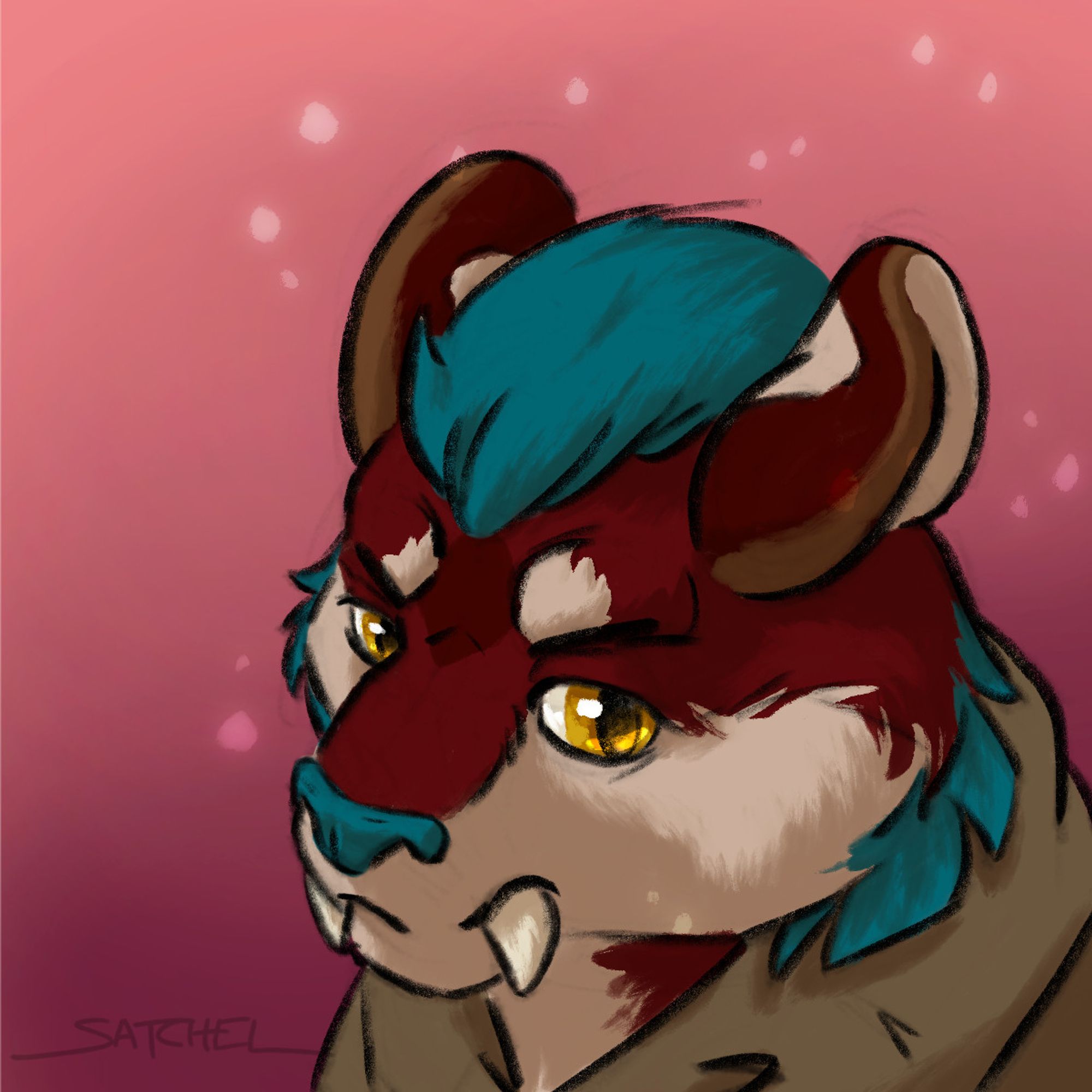 A picture of Sirocco, the sabertooth. He has red fur with cream cheeks, and cerulean hair and cheek fringe. He looks considerably more introspective and reserved than the other two fursonas.