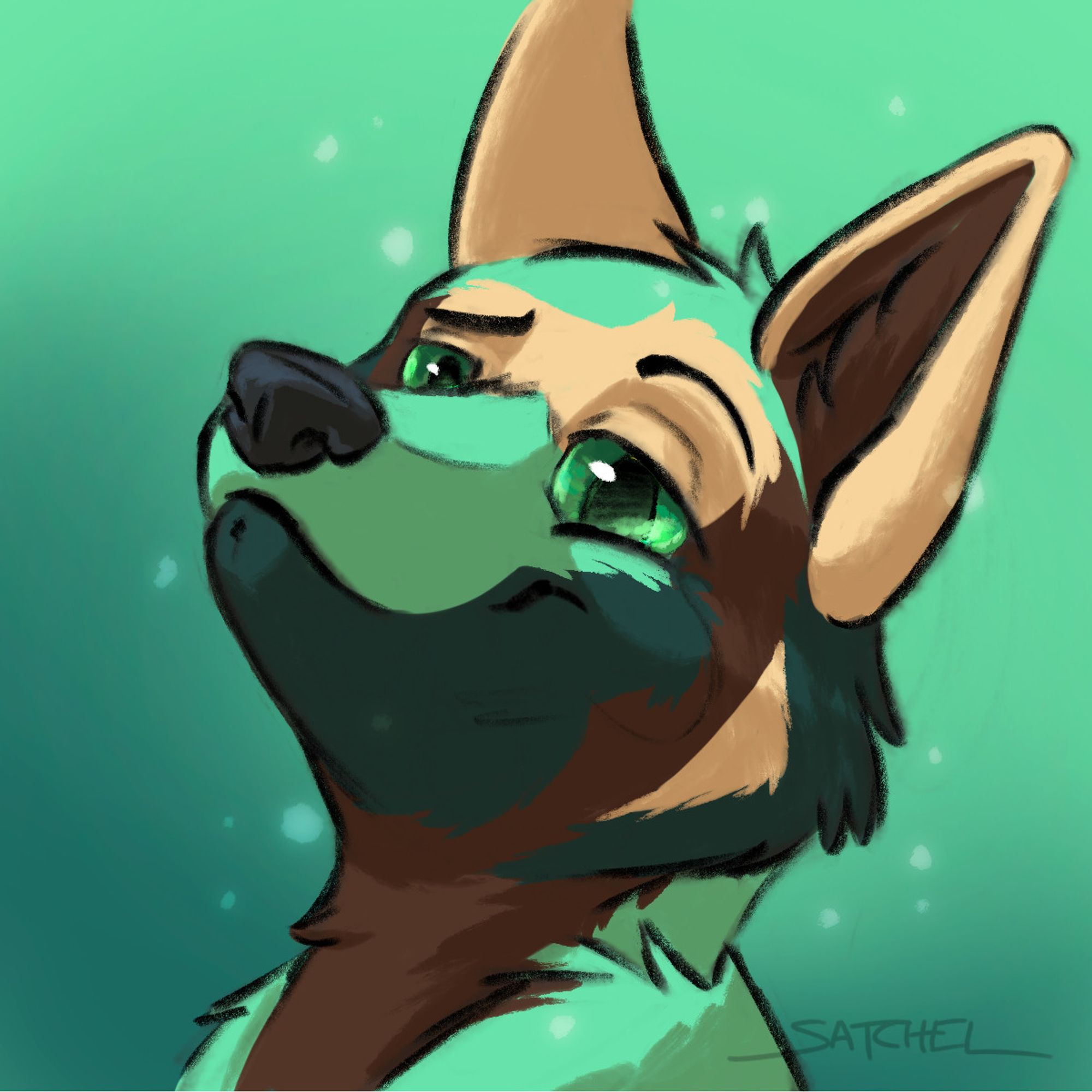 A headshot of Ruvi, the Creme de Menthe fox. He has mint green and tan fur. His head is tilted back, smirking slyly at the viewer.