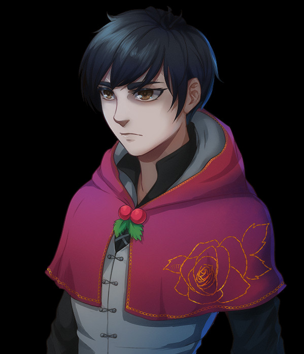 Character portrait - a young man with black hair, dressed in medieval garb. His magenta shawl features a mistletoe clasp and embroidery of a rose.