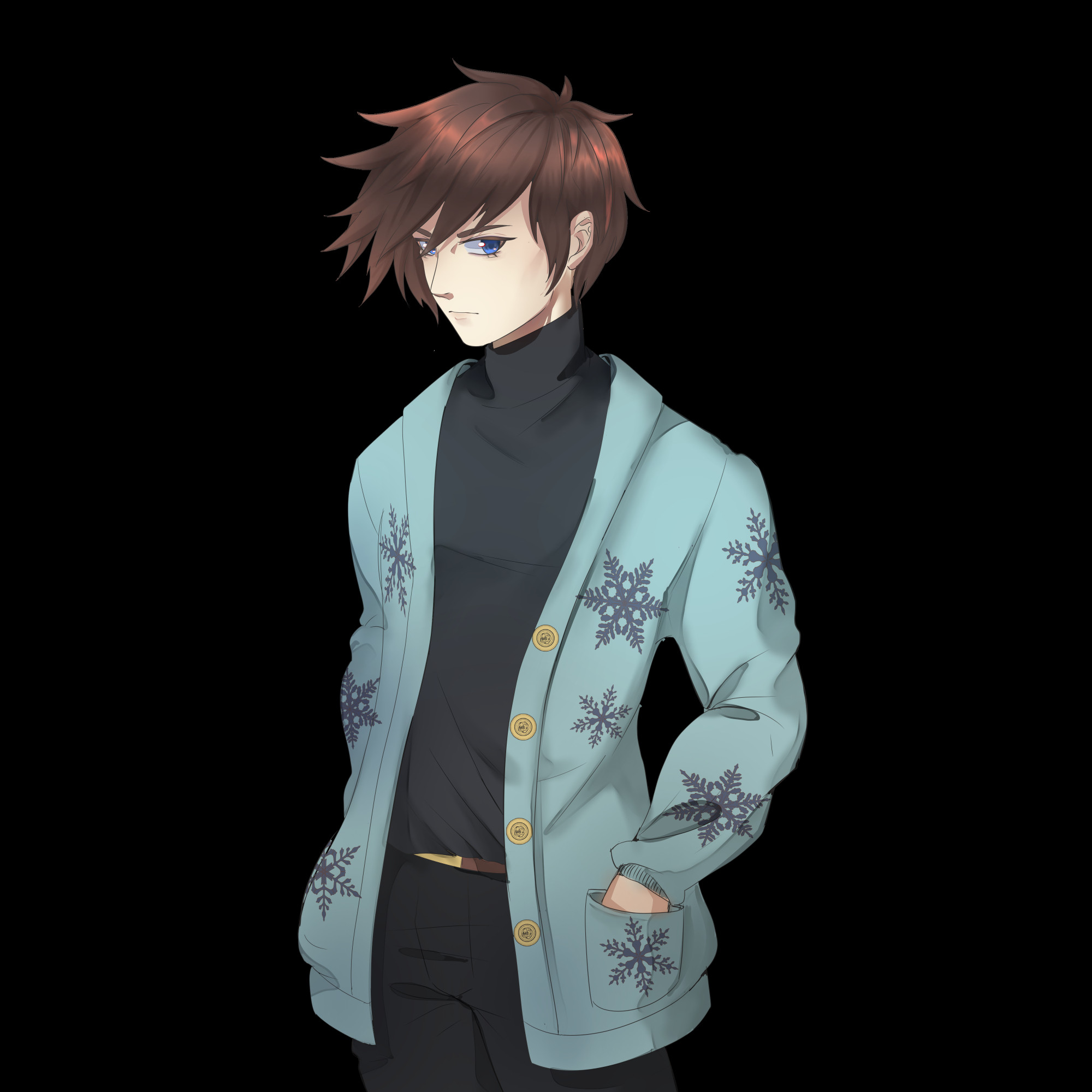 Character portrait - a young man with brown hair, that sweeps over to the side. He is wearing black clothes with a light-blue cardigan, featuring a snowflake design. 