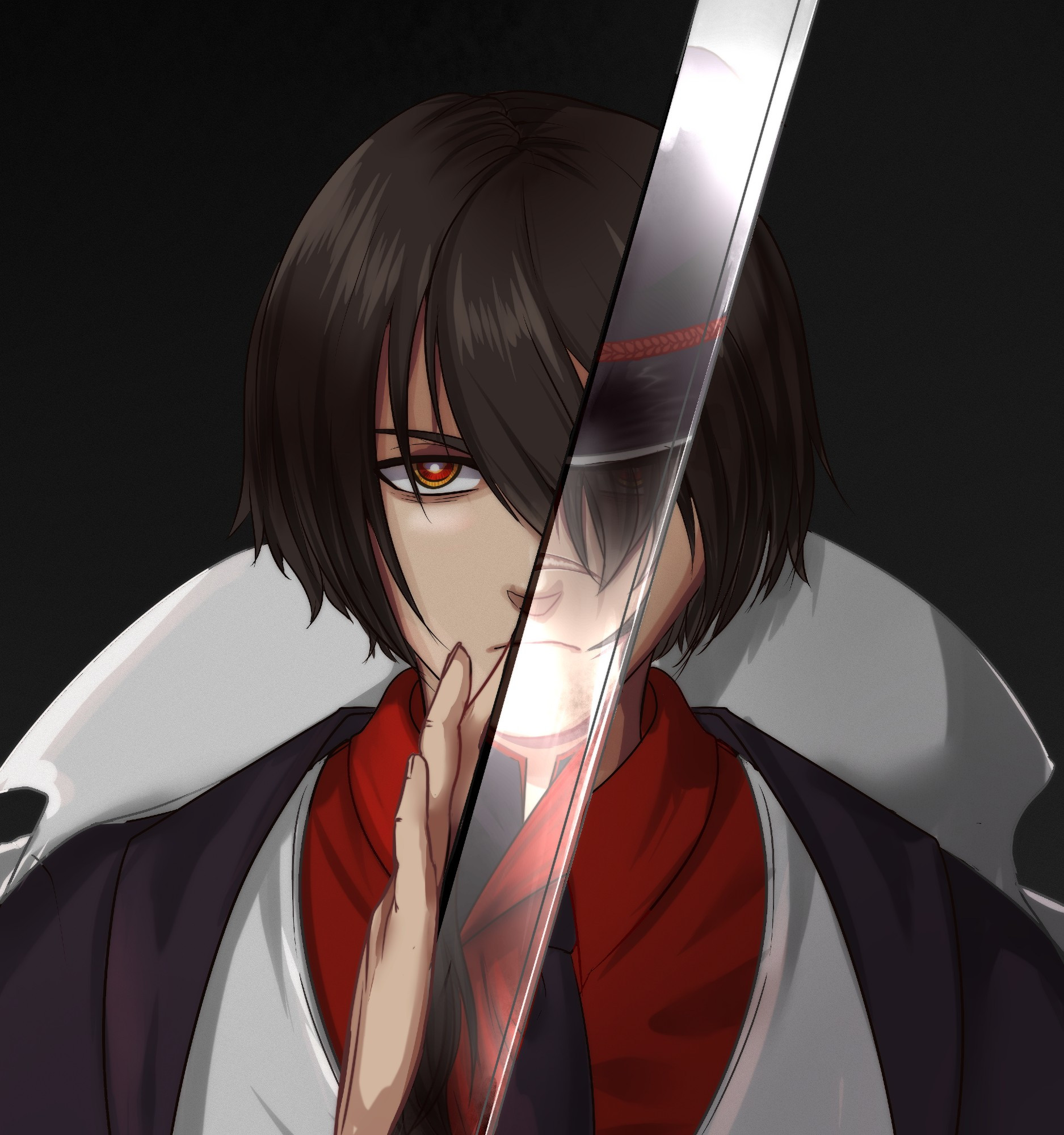 A man wielding a katana before his face, an alternate self reflected in the glow of the blade. 