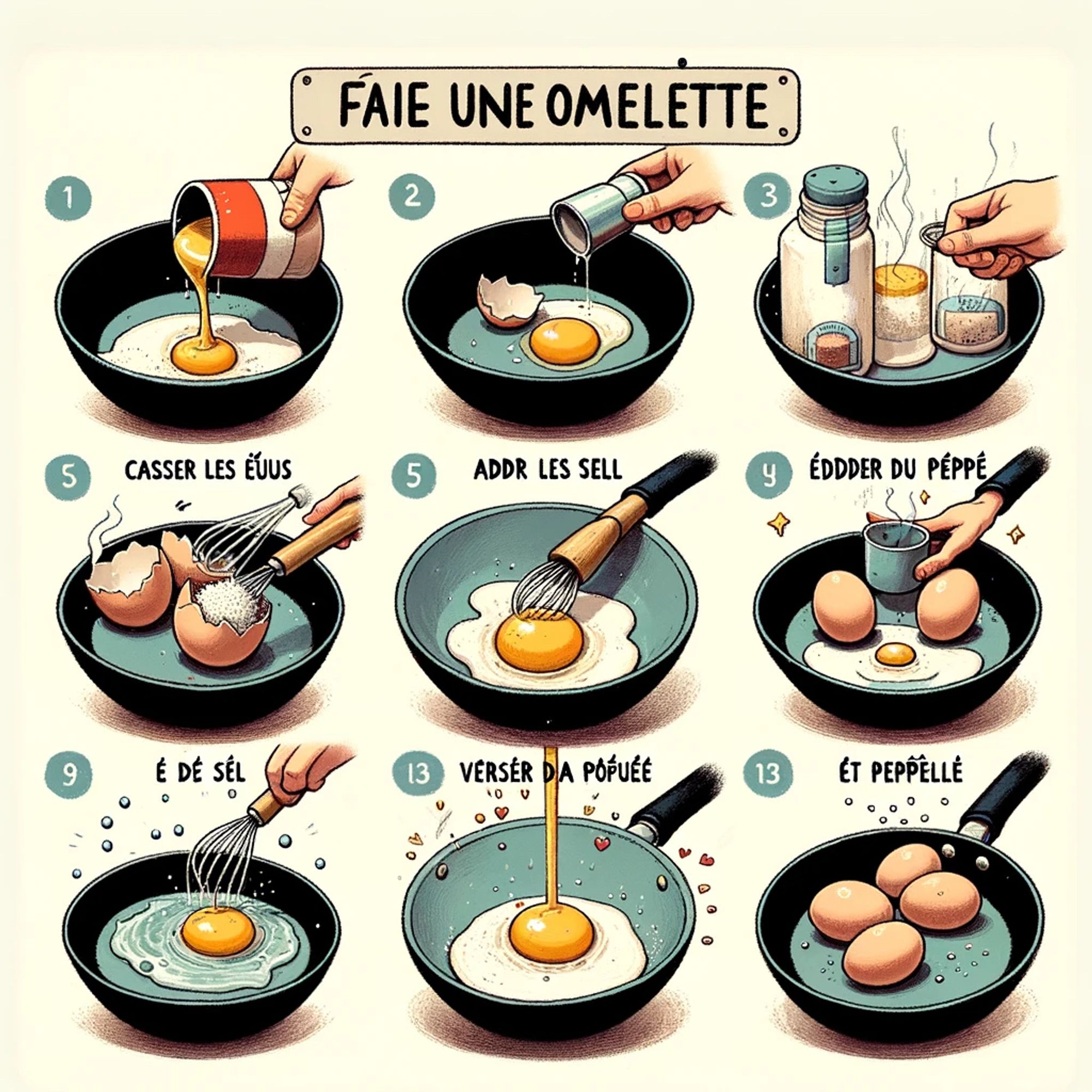 Visuel absurde généré par ChatGPT. Comment faire une omelette.