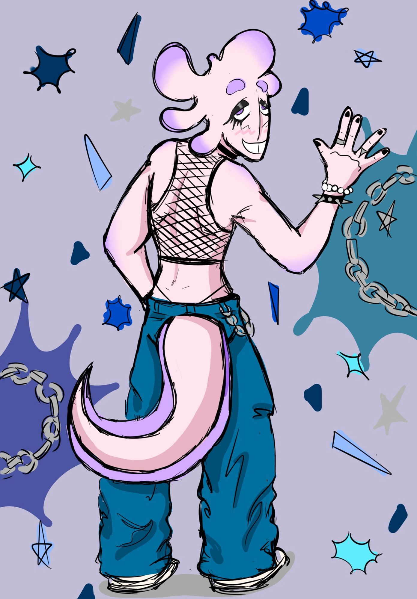 A pink anthro axolotl with purple accents wearing baggy blue pants and fishnet shirt. He is looking over his shoulder and waving with one hand.