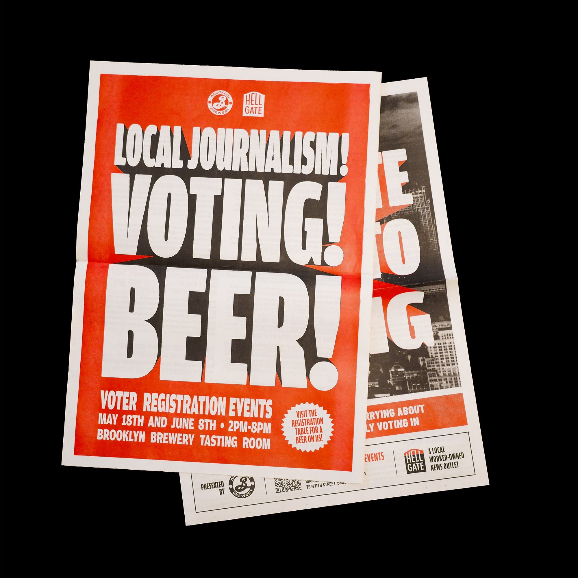 Newspaper reading "Local Journalism! Voting! Beer!"