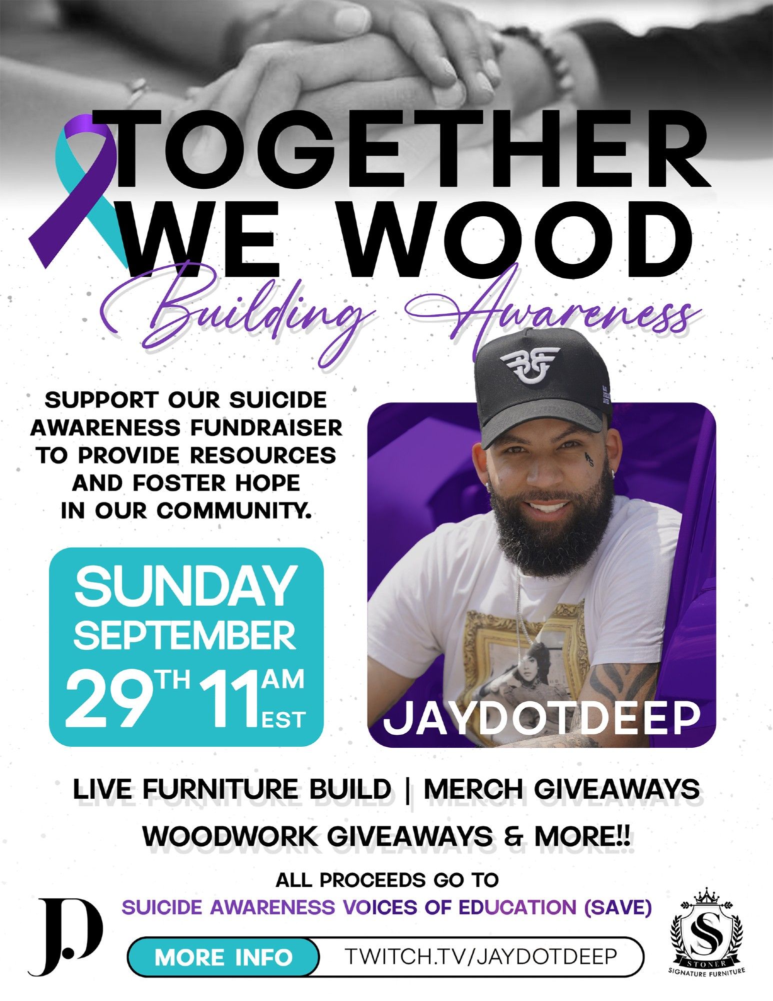 Join JayDotDeep for "Together We Wood: Building Awareness" on Sunday, September 29th at 11 AM EST! Your support will help raise funds for Suicide Awareness Voices of Education (SAVE). Enjoy exciting merchandise and woodwork giveaways while supporting a vital cause. Every $5 donation enters you in the final giveaway to win the ottoman being built live on stream. https://www.twitch.tv/jaydotdeep