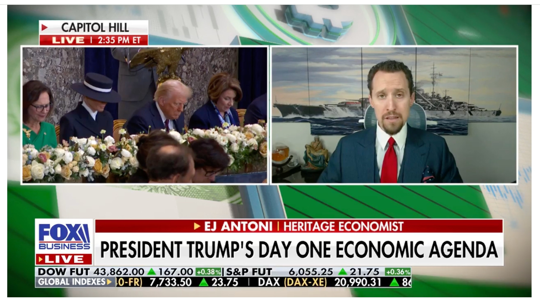 Screenshot of a Fox Business News broadcast on Inauguration Day 2025, where EJ Antoni has Nazi battleship art on his wall. 