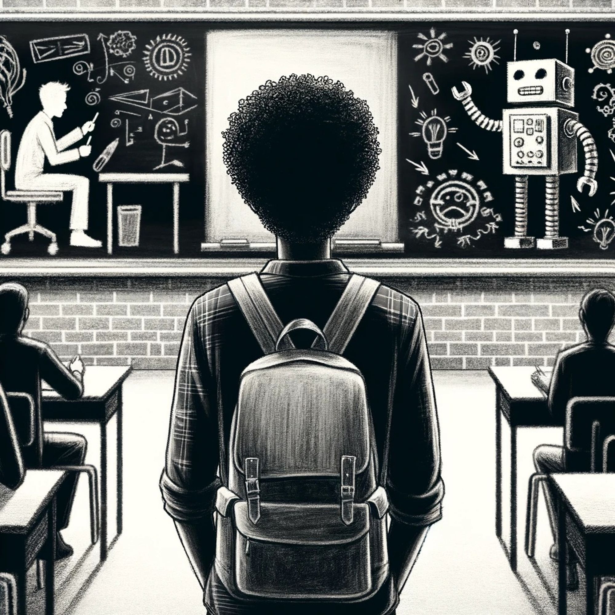 A charcoal sketching of a black college student staring at a chalkboard.  On the chalkboard to the left is a person at a desk with strang objects around them.  The middle of the chalkboard is just a white square.  On the right of the challkboard is a clunky robot with other symbols around it.  Overlaying this image is the title of the post: Research Insights #9: Student-Focused Studies Part 6.