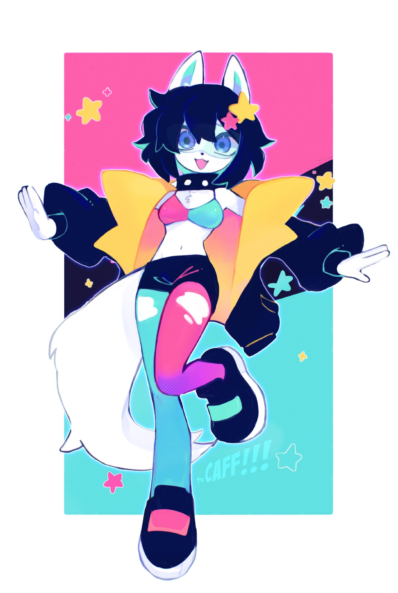 Lana'i with her hands out and left foot up. The background is a pink, black, and blue rectangle with multi-colored stars, with "to caff!!!" under her left foot.