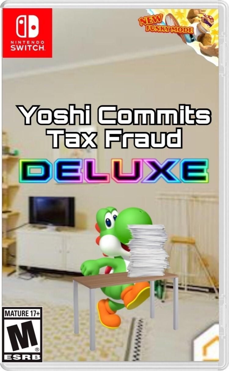 Cover of Nintendo Switch game "Yoshi Commits Tax Fraud DELUXE" featuring image of Yoshi smiling and eager with a tall stack of papers and "New Funky Mode" banner in the top right corner