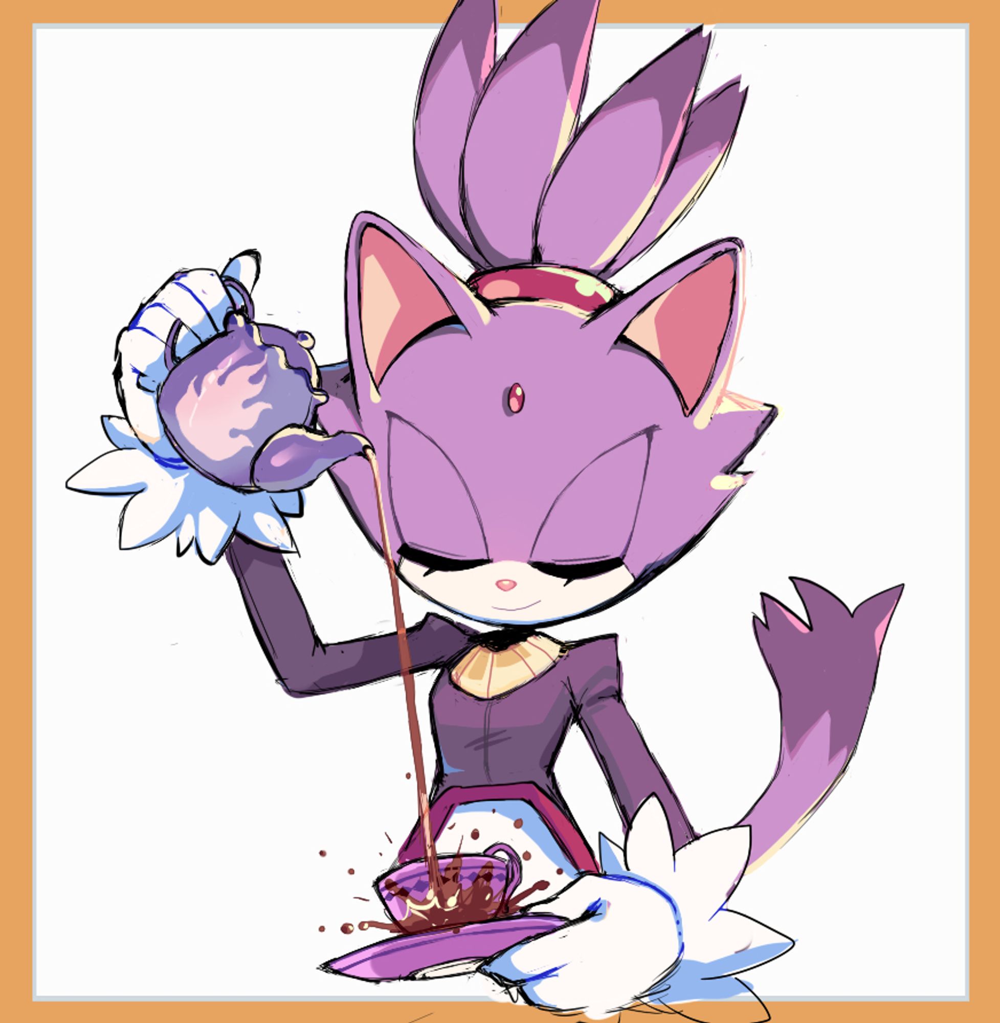 Blaze the cat pouring tea from her teapot with a calm expression, though she is missing the cup entirely.