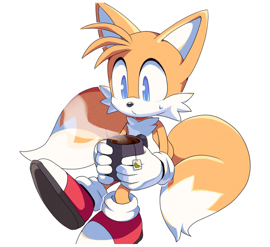 Miles Tails Prower sitting and drinking a peppermint tea.