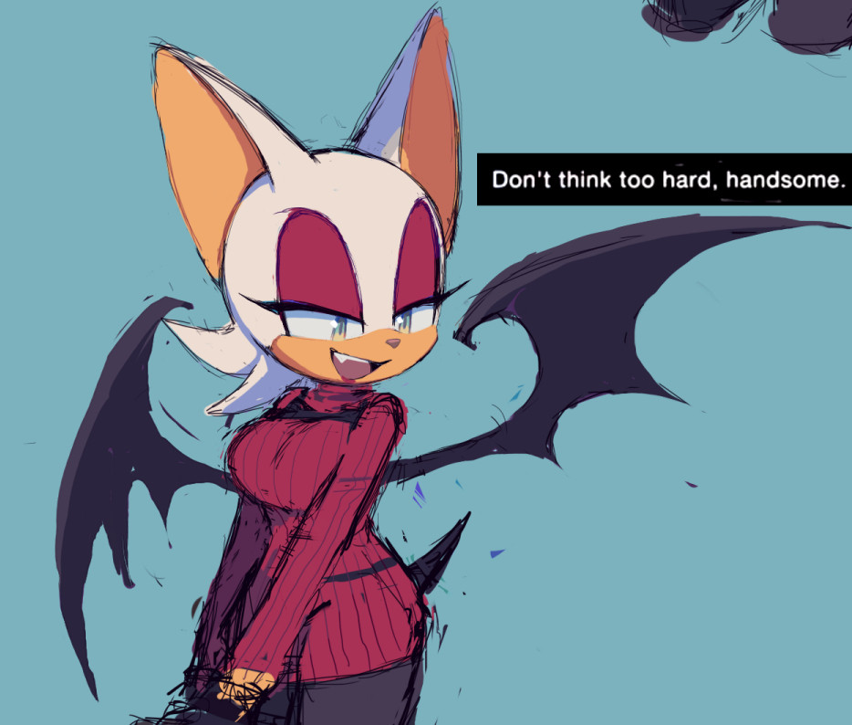 Rouge the Bat dressed as Ada Wong from Resident Evil series. Text reads as: "Don't think too hard, handsome."