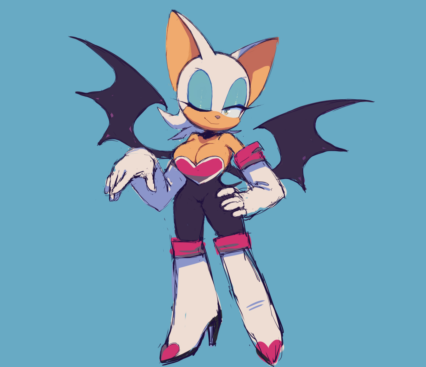 Coloured sketch of Rouge the Bat, smiling coyly while winking. She also has her hand on her hip.