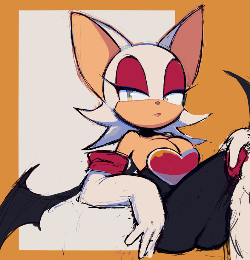 Pictured is a rough, coloured sketch of Rouge the Bat. She is sitting while looking over at the viewer with a bored expression.