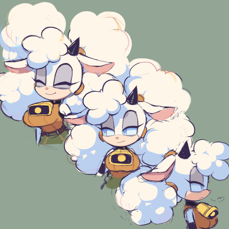 Pictured is Lanolin the Sheep with three expressions: a polite smile transitioning into something more wary, and finally an exhausted sigh.