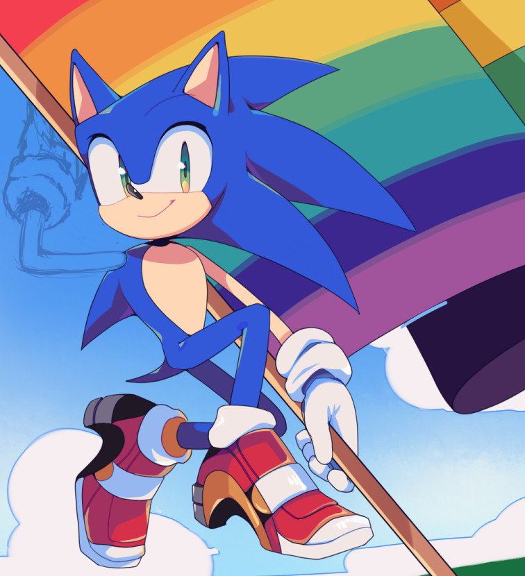 A work in progress drawing of Sonic holding a large rainbow flag. It's almost finished except for one of Sonic's arms which is still in the sketching stage.