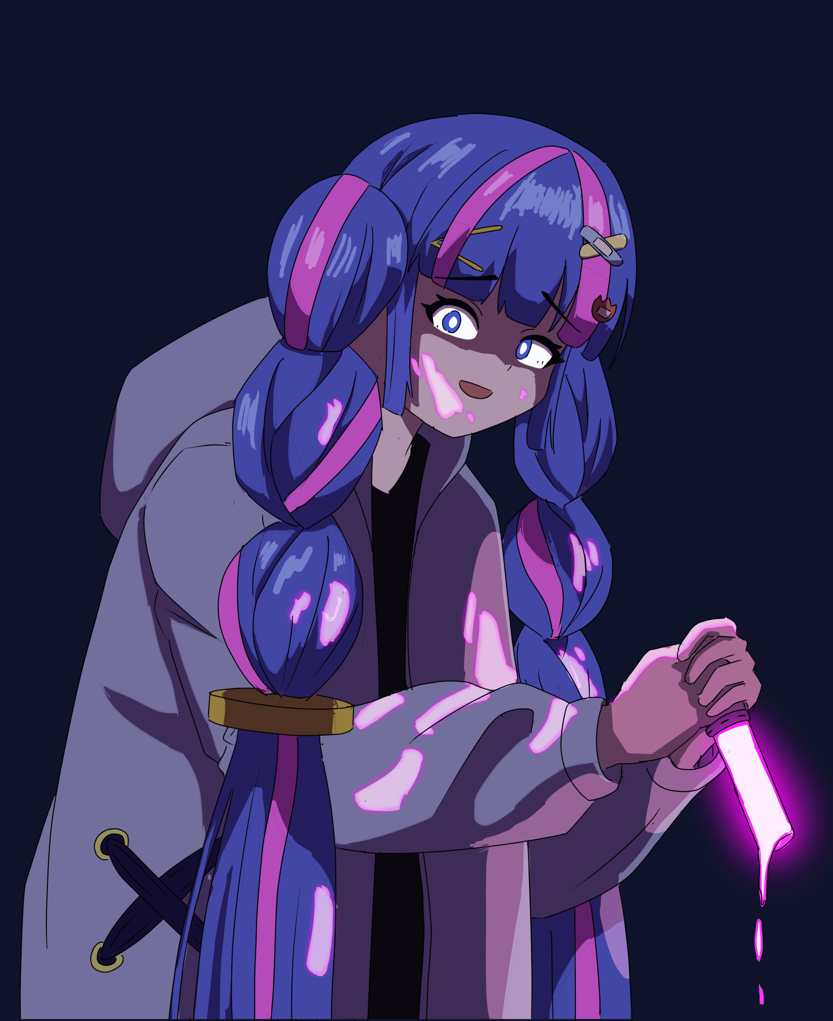 My drawing of Hatsune Miku as she appears in Deco*27's MV "Neverland". Miku has braided twintails with purple highlight and is wearing a trench coat. She is holding a purple glowstick in the same position as someone would a knife. There is glowing purple liquid coming out of the glowstick and on her face, hair and clothes. She looks horrified, probably at what she has done 