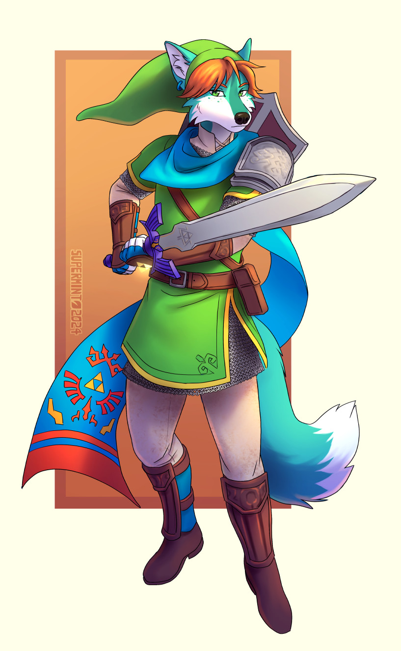 A shaded fullbody portrait of a male anthro fox cosplaying as Link from Hyrule Warriors. The fox is turquoise with orange hair and green eyes. He has his shield on his bac, and is holding the Master Sword in a battle-ready stance.