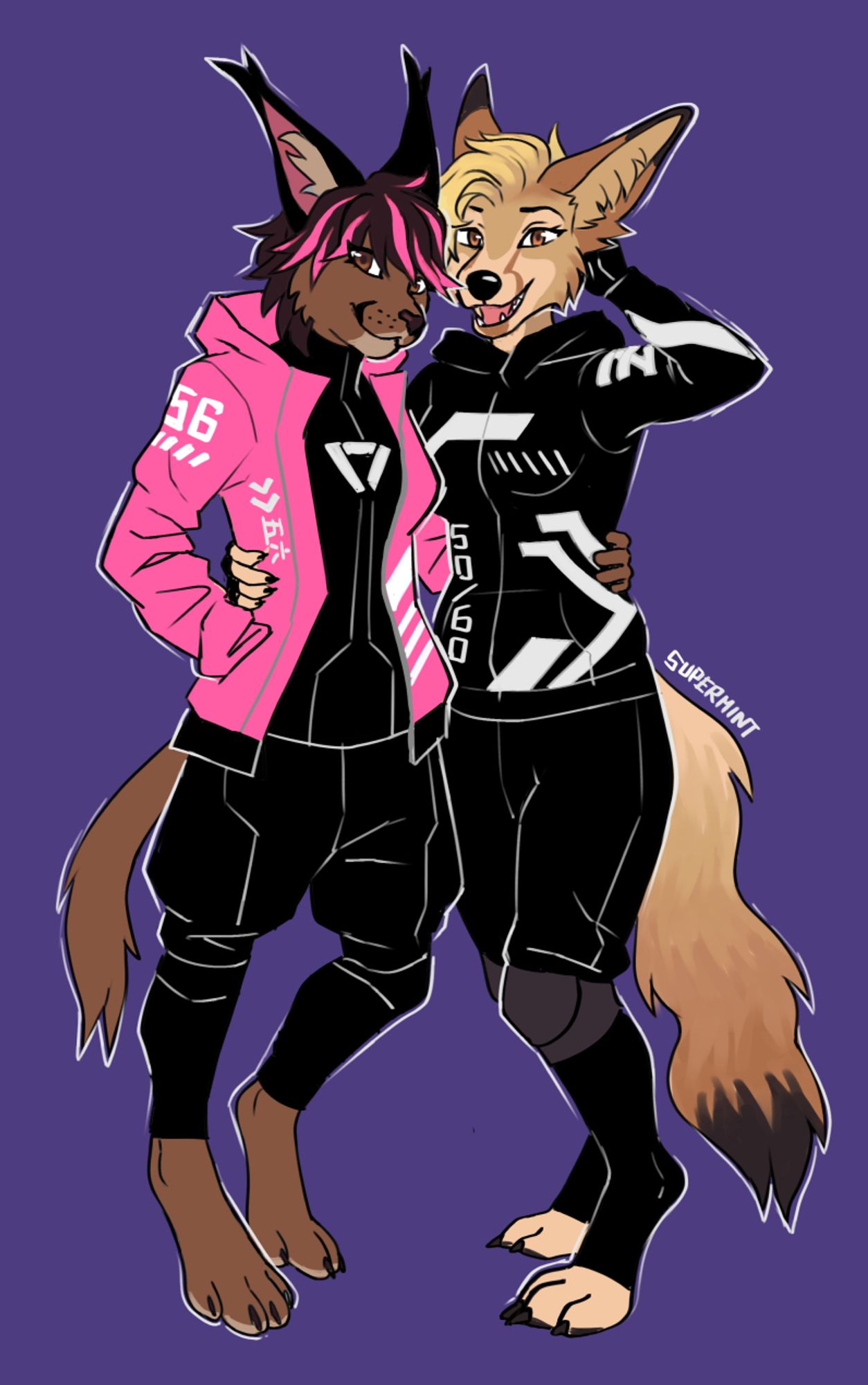 Stylized sketch of two female furries posing together, both wearing cyberpunk style outfits. The left is a brown caracal with short, dark brown hair with pink highlights, and the right is a fennec fox with short blonde hair.