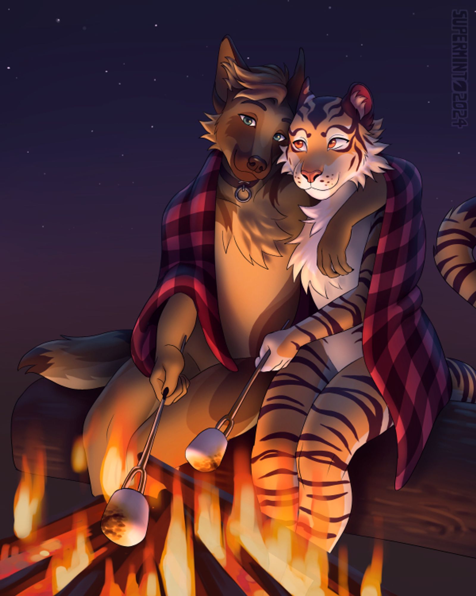 Shaded art of a couple sitting by a campfire roasting marshmallows. The character on the left is a german shepherd, and on the right is a tiger. The canine has their arm around the feline, and both have a red plaid blanket around their shoulders. The background is a simple evening sky with some stars.