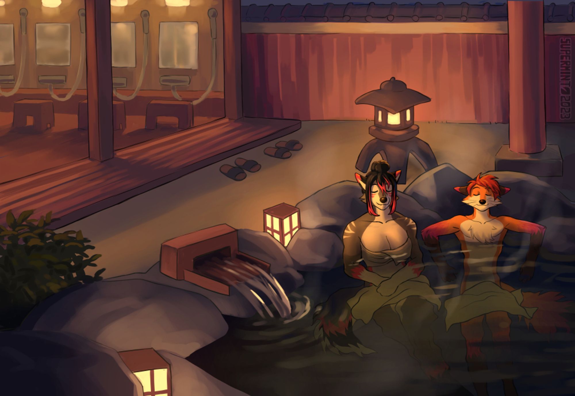 A painted onsen (Japanese hot spring) scene with an anthro couple relaxing in an outdoor bath. It is night, there are a few lanterns, and in the background there is part of a wooden building with an indoor shower area visible. One of the characters is a tall, grey and white female folf with a muscular build. She has long black hair with pink highlights. The character on the right is a male fox with short reddish hair. He has fuchsia accents on his limbs, ears, and tail. Both characters have their eyes closed and look peaceful.