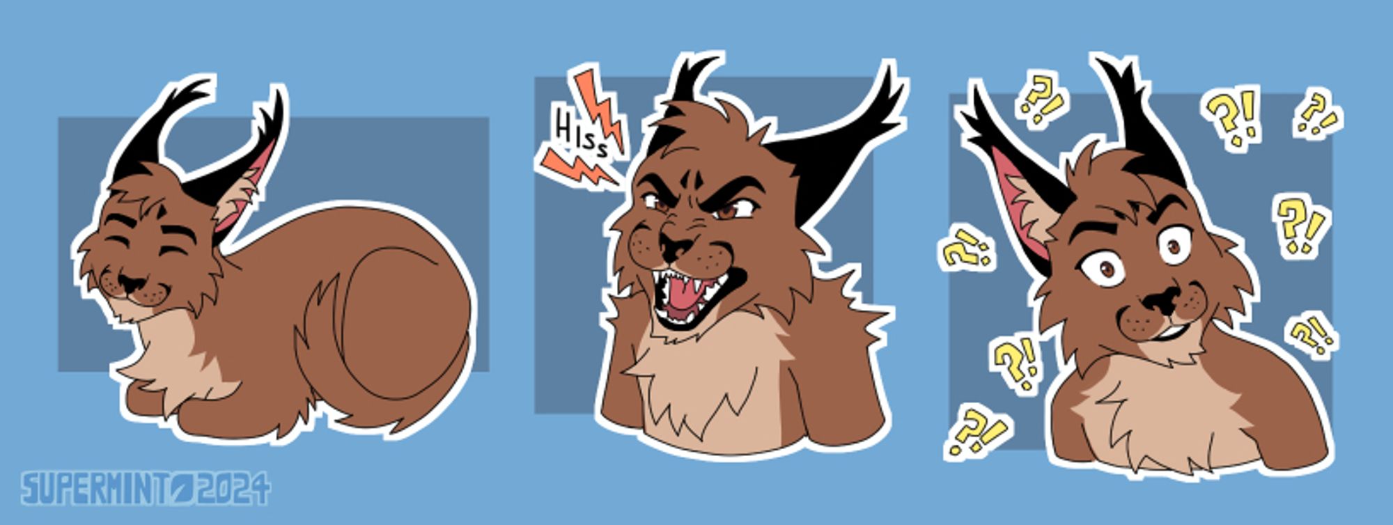 A display sheet of 3 telegram stickers of a male anthro karakal. The first sticker shows him as feral in a "cat loaf pose". In the second, he is hissing angrily, and in the third, he is looking wide-eyed and perplexed with many "?!" floating around him.