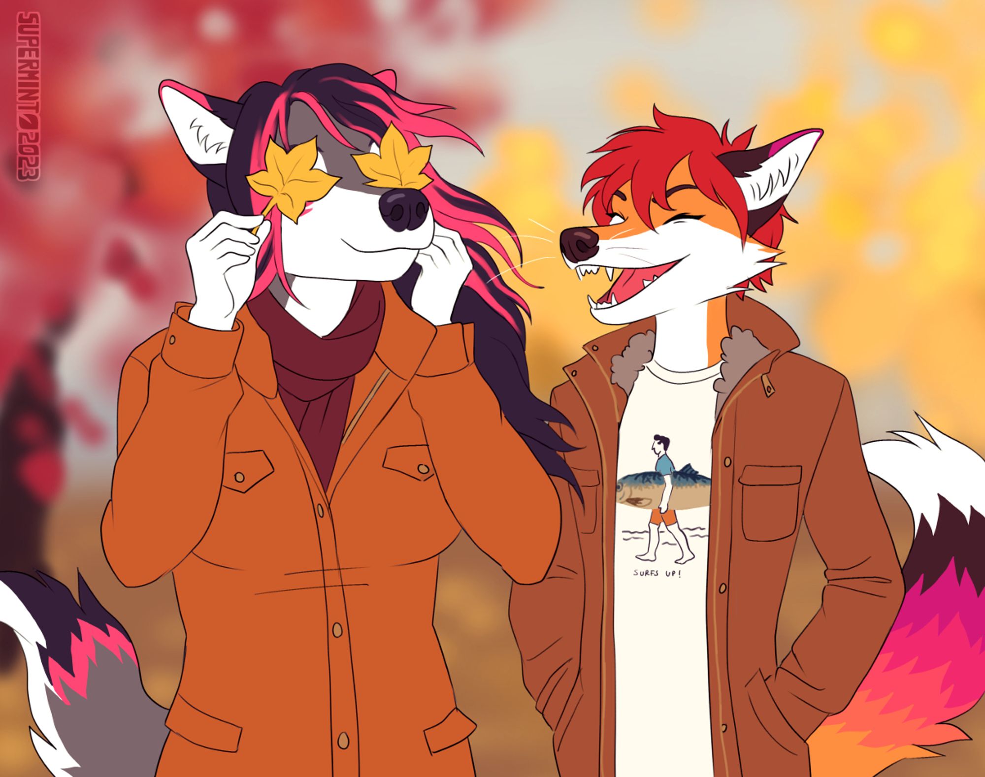 A flat color halfbody drawing of a female folf holding yellow star shaped leaves over her eyes, while her male fox partner laughs. Both are dressed in warm-toned season appropriate clothing and are standing against an out of focused background of red and yellow autumn trees.