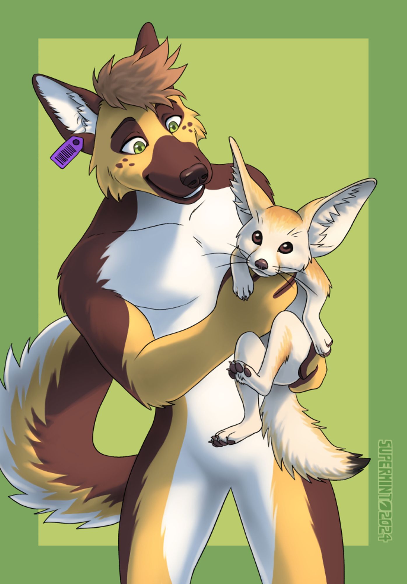 Shaded portrait of a male anthro german shepherd holding a fennec fox.