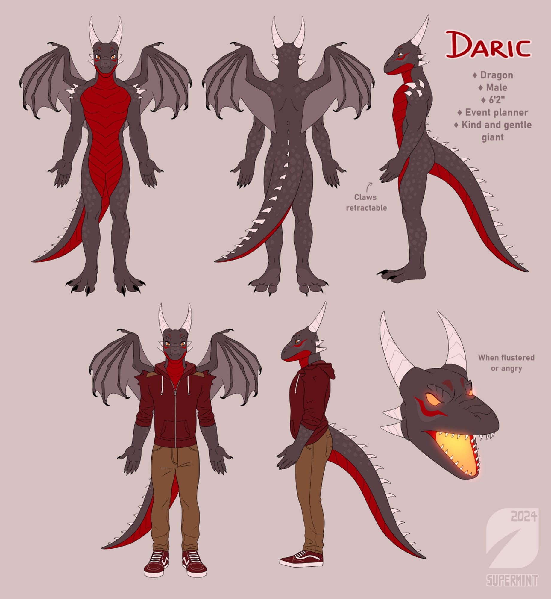 Character design sheet showing a black and red male anthro western dragon wearing casual clothing