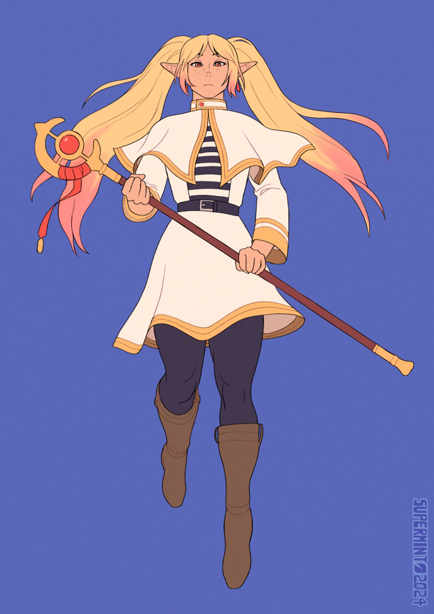 A fullbody flat color redraw of a still frame from the anime Frieren: Beyond Journeys End, except with the client's character. The character is a fair skinned, blonde female elf who is hovering in the air and gazing down at the viewer with a somewhat aloof expression. She has pink highlights and is holding a magical staff. She is wearing a white and gold fantasy/mage themed outfit over black leggins and brown boots.