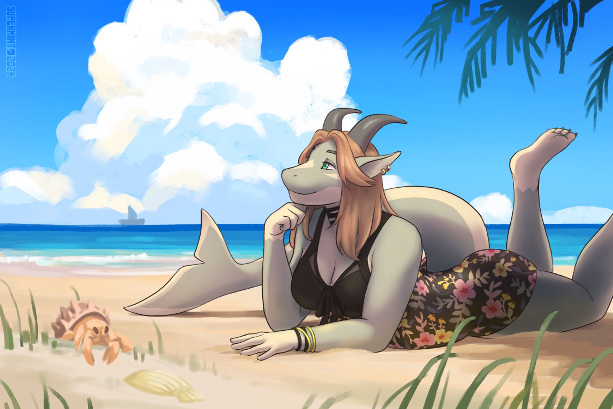 A female anthro shark/goat chimera laying on a beach