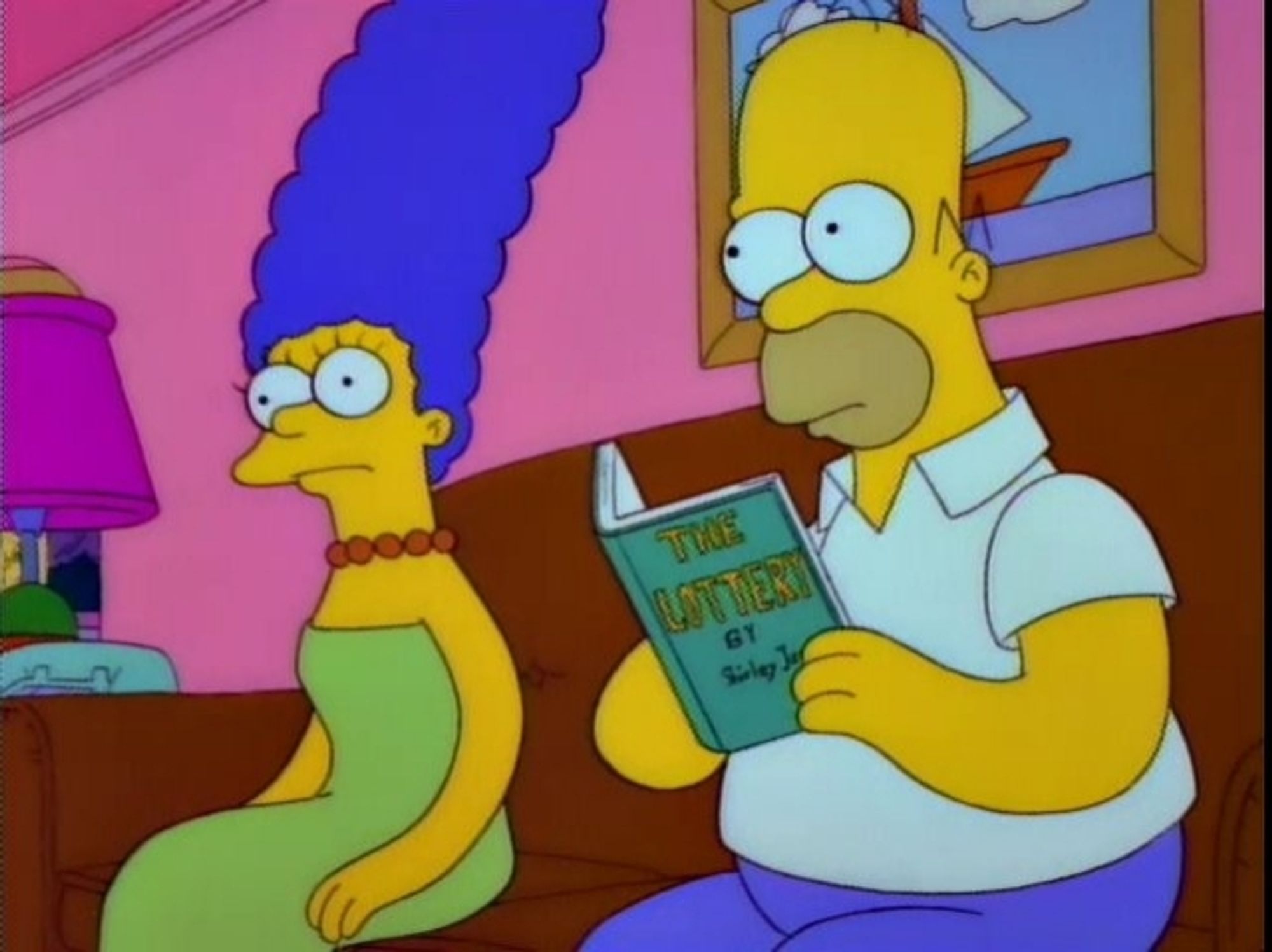 Homer Simpson looking up from reading Shirley Jackson's The Lottery