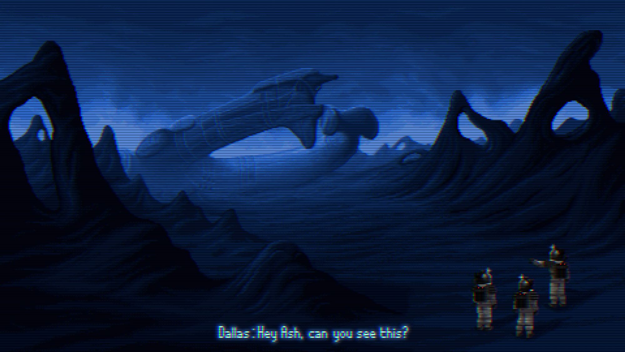 The LV426 scene from the 1979 Alien movie as a pixel art adventure game. The Alien derelict ship sits on the horizon.